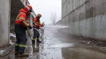 В Южно-Сахалинске спасатели поливают водой ещё не застывший бетон.